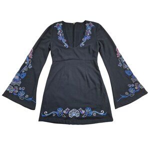 Free People Black Boho Embroidered Bell Sleeve Mini Dress Womens S